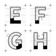 Wall Mural - Architectural sketches of E F G H letters. Blueprint style font.