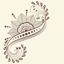 Vector Illustration Of Mehndi Ornament. Traditional Indian Style, Ornamental Floral Elements For Henna Tattoo, Stickers, Mehndi And Yoga Design, Cards And Prints. Abstract Floral Vector Illustration.