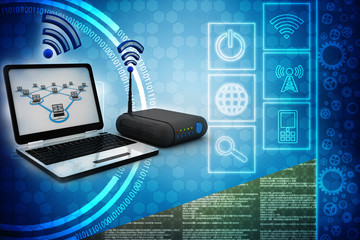 Poster - 3d rendering Transmitter Wi-Fi modem with laptop
