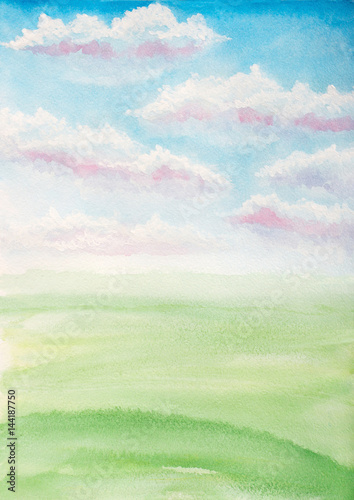 Dekoracja na wymiar  akwarela-ilustracja-krajobrazu-z-chmurami-i-laka-z-zielona-trawa