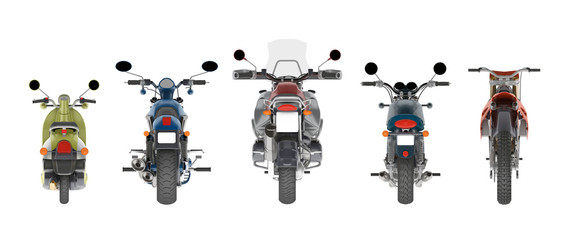 group motorcycles back view 3d rendering