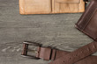 Men's accessories with brown leather wallet, belt
