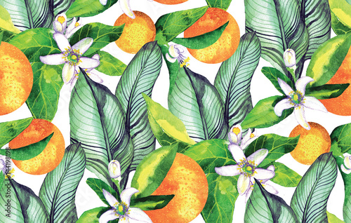 wzor-kwitnacy-pomaranczowy-kwiaty-neroli-akwarela-pomaranczowa-tropikalny-wzor