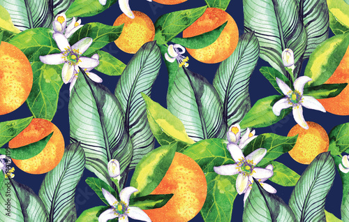 wzor-kwitnacy-pomaranczowy-kwiaty-neroli-akwarela-pomaranczowa-tropikalny-wzor