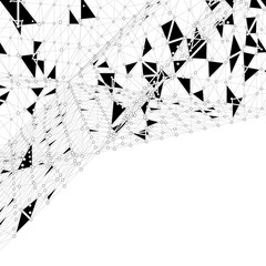 Poster - Abstract vector mesh background. Chaotically connected points and polygons flying in space. Flying debris. Futuristic technology style card. Lines, points, circles and planes. Futuristic design.
