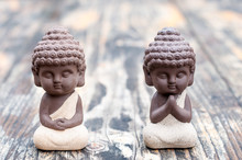 Baby Budda Statues, Teacher Or Master And Apprentice. Two Little Monks. Meditation And Zen, Relaxation Concept