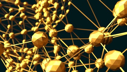 Wall Mural - Molecule And Communication Background. Brochure or web banner design. Lines and spheres. Medical, technology, chemistry, science relative. Shallow depth of field. 3D rendering. Metallic material
