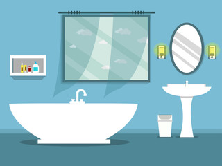 Bathroom with bathtub, mirror, sink, window, and other things. illustration flat