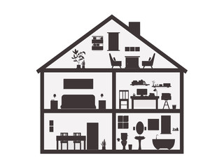 Silhouette House inside fireplace, bedroom, workplace, eat room, bathroom. illustration flat