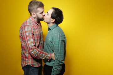 Wall Mural - Happy gay couple posing on yellow background