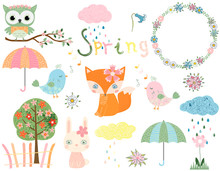 Cute Collection For Spring And Summer With Animals And Design Elements For Greeting Cards, Invitations And Scrapbooking