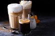 Coffee latte, black espresso and viennese coffee