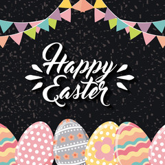 happy easter card with easter eggs over black background. colorful desing. vector illustration