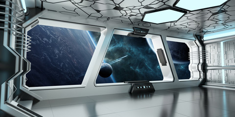 Poster - Spaceship interior with view on distant planets system 3D rendering elements of this image furnished by NASA