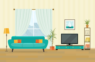 Wall Mural - Living room interior design with furniture: sofa, bookcase, tv, lamps. Flat style vector illustration