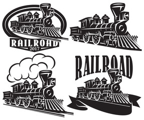 Wall Mural - Set of vector logo in vintage style with locomotives. Emblems, labels, badges or patterns on a retro railroad theme