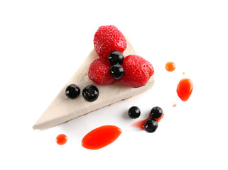 Wall Mural - Delicious cheesecake slice with berries on white background