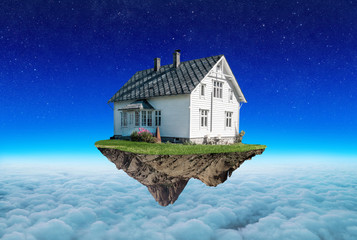 Concept insurance, the house on the island levitates in the clouds