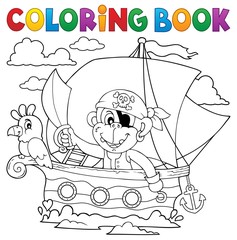 Canvas Print - Coloring book boat with pirate monkey