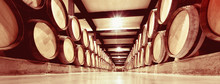 Wooden Barrels In  Wine Factory