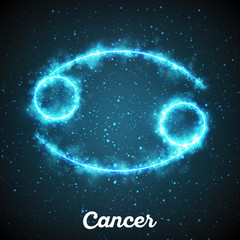 Wall Mural - vector abstract zodiac sign cancer on a dark blue background of the space with shining stars. nebula