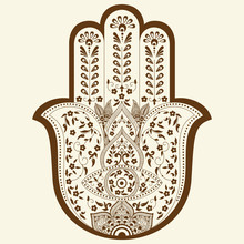 Vector Illustration Of Hamsa Or Hand Of Fatima. Indian Hand Drawn Hand With Ethnic And Floral Ornaments. Mehndi Style Illustration Of Hamsa.