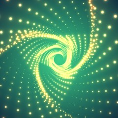 Poster - Vector infinite triangular twisted tunnel of shining flares on green background. Glowing points form tunnel sectors. Abstract cyber colorful background. Elegant modern geometric wallpaper.