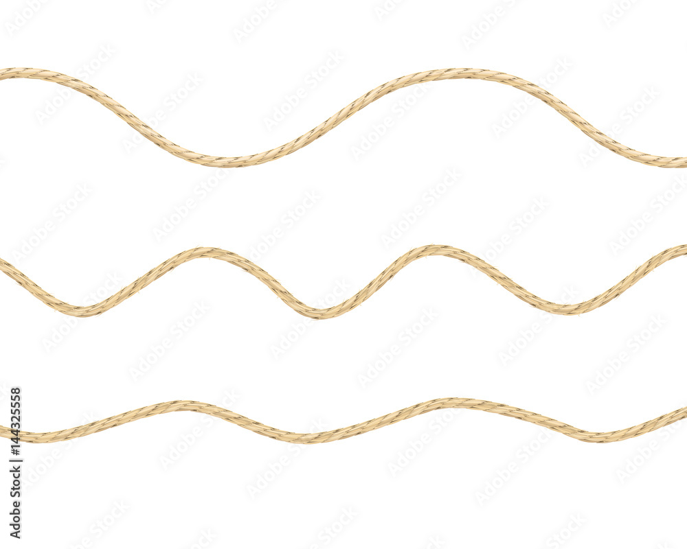 Vector illustration of three types of loose linen string. Illustration of lightly curved linen material texture ropes. - obrazy, fototapety, plakaty 