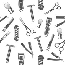 Seamless Pattern With Monochrome Tools For Barber Shop And Shaving Accessories Collection.