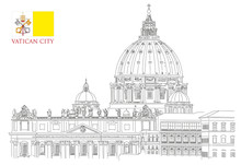 Vatican Minimal Vector Illustration On White Background, View Of Saint Peters Basilica And Vatican Flag