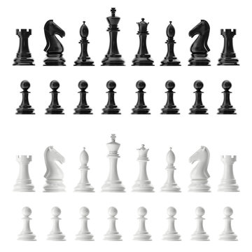 Transparent set of icons chess, isolated on white background, intelligent game, 3d rendering