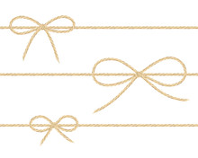 A Set Of Realistic Linen String Bows. Vector Illustration Of Different Types Of Ribbons And Linen String Patterns.