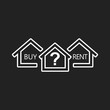 © Lysenko.A - Concept of choice between buying and renting house in line style. Home icon with the question. Vector illustration in flat style on black background.