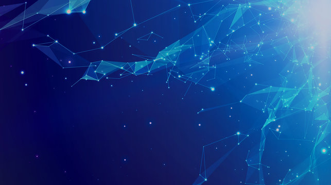 Abstract vector space blue background. Chaotically connected points and polygons flying in space. Flying debris. Futuristic technology style. Elegant background for business presentations.