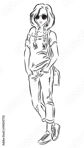 Sketch Of Beautiful Fashion Girl In Jeans And T Shirt