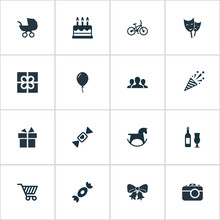 Vector Illustration Set Of Simple Holiday Icons. Elements Mask, Ribbon, Group And Other Synonyms Resonate, Bike And Market.
