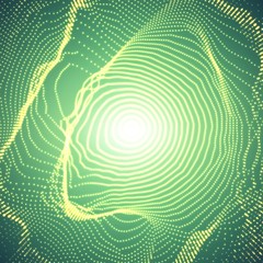 Poster - Abstract vector colorful mesh sphere on dark green background. Futuristic style card. Elegant background for business presentations. Corrupted point sphere. Chaos aesthetics.
