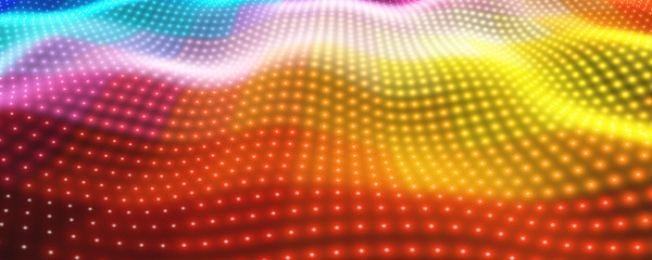 Poster - Abstract vector background with colorful neon lights forming wavy surface. Neon cyber surface flow. Smooth colorful cyber relief from glowing particles. Elegant modern backdrop.