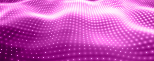 Poster - Abstract vector background with violet neon lights forming wavy surface. Neon cyber surface flow. Smooth violet cyber relief from glowing particles. Elegant modern backdrop.