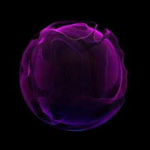 Abstract Vector Violet Colorful Mesh Sphere On Dark Background. Futuristic Style Card. Elegant Background For Business Presentations. Corrupted Point Sphere. Chaos Aesthetics.