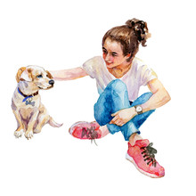 Watercolor Hand Drawn Fashion Portrait Of Girl In Sneakers And Cute Dog. Isolated Illustration On White Background