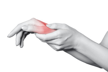 Closeup view of a young woman with pain on hand. isolated on white background. Black and white photo with red dot.