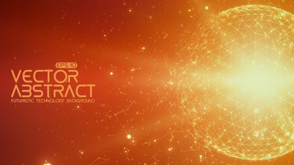 Poster - Abstract vector space orange background. Chaotically connected points and polygons flying in space. Flying debris. Futuristic technology style. Elegant background for business presentations.