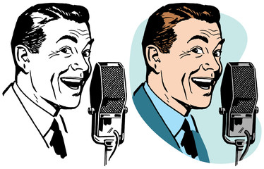 Sticker - A smiling man speaking into a vintage microphone