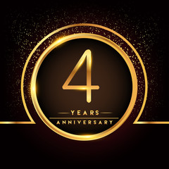 four years birthday celebration logotype. 4th anniversary logo with confetti and golden ring isolated on black background, vector design for greeting card and invitation card.