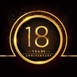eighteen years birthday celebration logotype. 18th anniversary logo with confetti and golden ring isolated on black background, vector design for greeting card and invitation card.