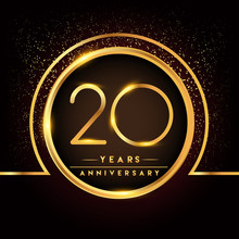 Twenty Years Birthday Celebration Logotype. 20th Anniversary Logo With Confetti And Golden Ring Isolated On Black Background, Vector Design For Greeting Card And Invitation Card.