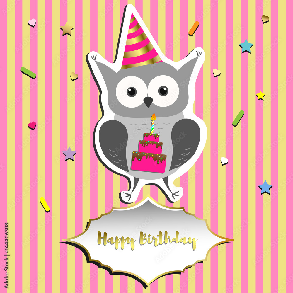 Happy Birthday greeting card design. Cute owl with birthday cake ...