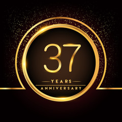 thirty seven years birthday celebration logotype. 37th anniversary logo with confetti and golden ring isolated on black background, vector design for greeting card and invitation card.