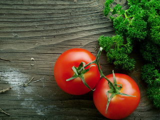 Poster - close up view of nice fresh cherry tomatoes on wooden table